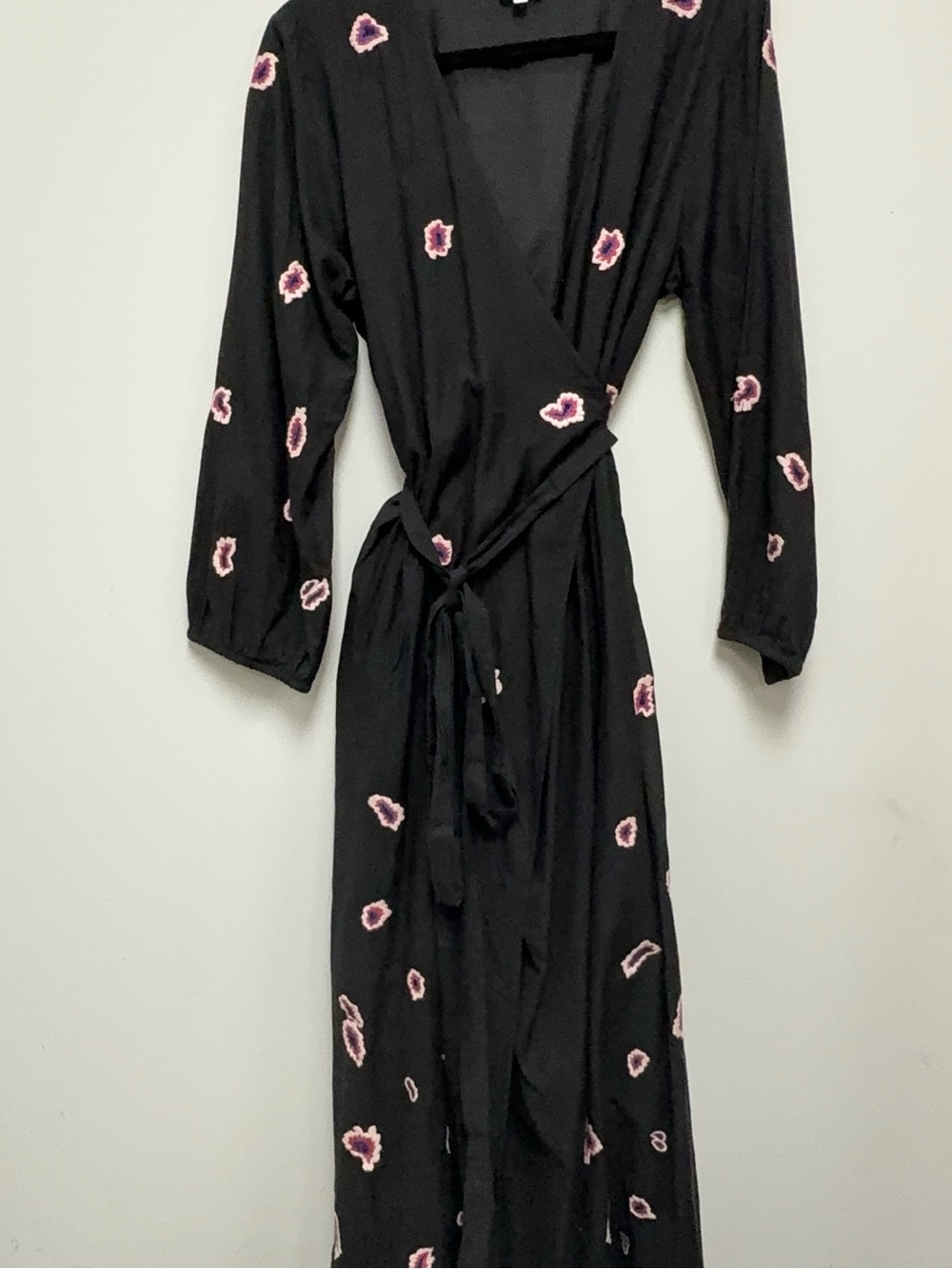Miss Black Wrap Dress with Pink Floral Embroidery.